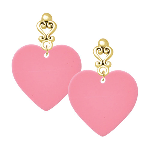 Acrylic Large Pink Heart - Gold tone Filigree Heart Post Earrings
