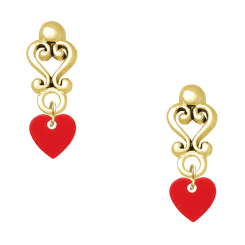 Acrylic Mini Red Heart - Gold tone Filigree Heart Post Earrings