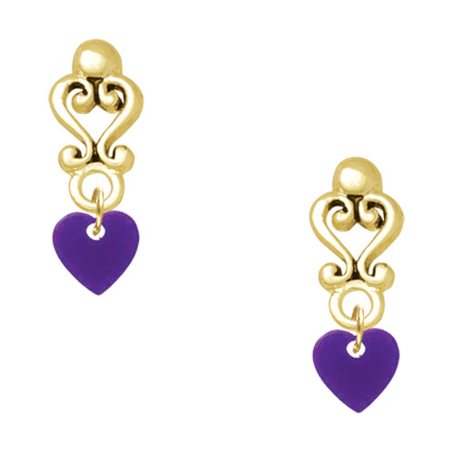 Acrylic Mini Purple Heart - Gold tone Filigree Heart Post Earrings