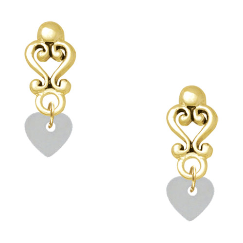 Acrylic Mini Shimmer White Heart - Gold tone Filigree Heart Post Earrings