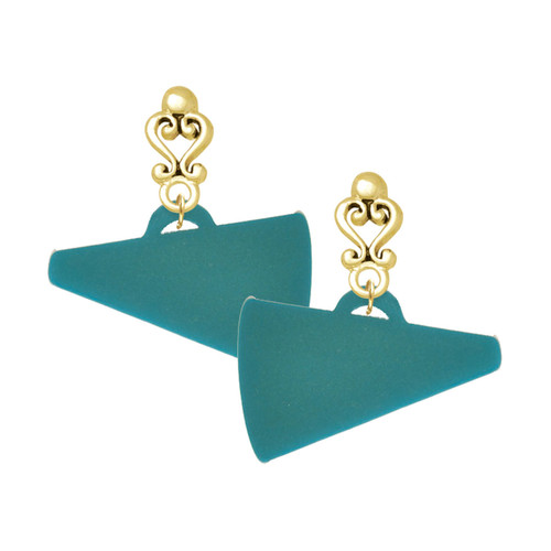 Acrylic Large Teal Megaphone - Gold tone Filigree Heart Post Earrings