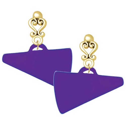 Acrylic Large Purple Megaphone - Gold tone Filigree Heart Post Earrings