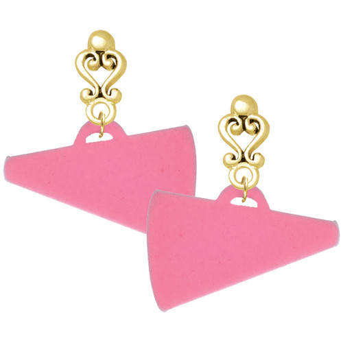 Acrylic Large Hot Pink Megaphone - Gold tone Filigree Heart Post Earrings