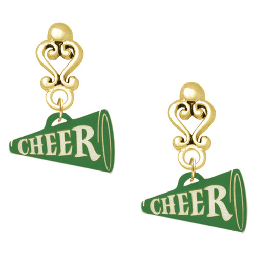 Acrylic Green Cheer Megaphone - Gold tone Filigree Heart Post Earrings