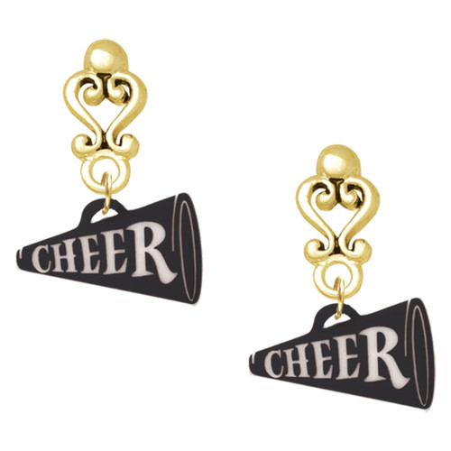Acrylic Black Cheer Megaphone - Gold tone Filigree Heart Post Earrings