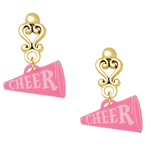 Acrylic Hot Pink Cheer Megaphone - Gold tone Filigree Heart Post Earrings
