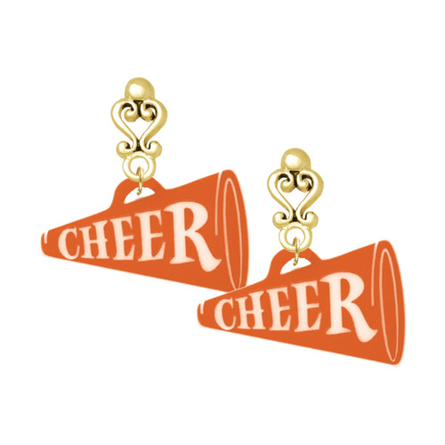 Acrylic Large Orange Cheer Megaphone - Gold tone Filigree Heart Post Earrings