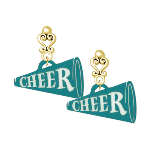 Acrylic Large Teal Cheer Megaphone - Gold tone Filigree Heart Post Earrings