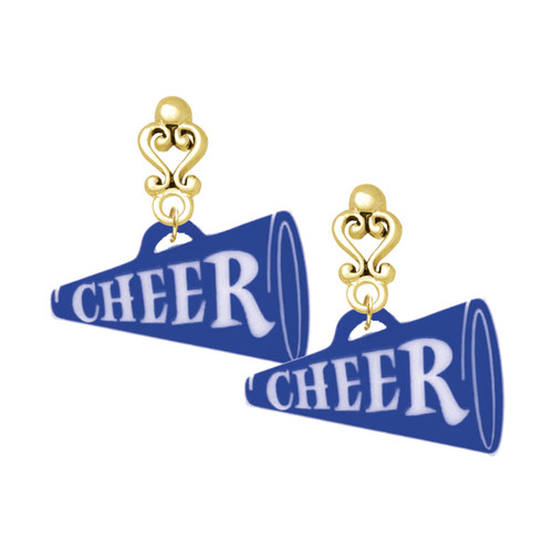 Acrylic Large Royal Blue Cheer Megaphone - Gold tone Filigree Heart Post Earrings