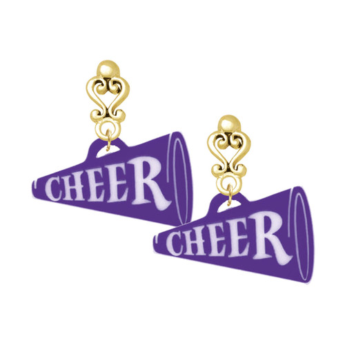 Acrylic Large Purple Cheer Megaphone - Gold tone Filigree Heart Post Earrings