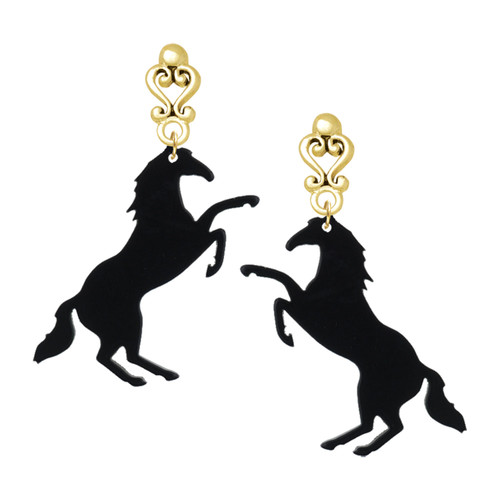 Acrylic 1.5 Black Horse - Gold tone Filigree Heart Post Earrings