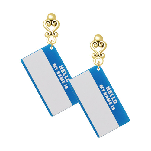 Acrylic Blue "Hello" Name Tag - Gold tone Filigree Heart Post Earrings