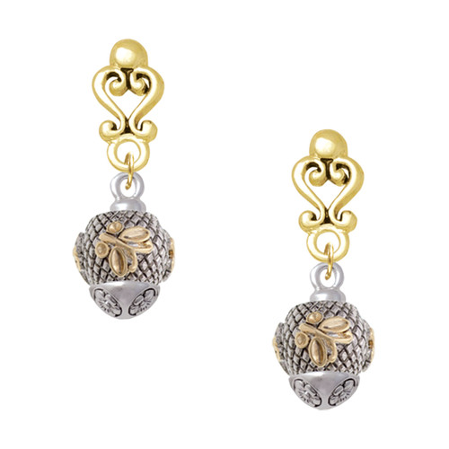 Gold-tone Butterfly on Silver Plated Hatched Background Spinner - Gold tone Filigree Heart Post Earrings