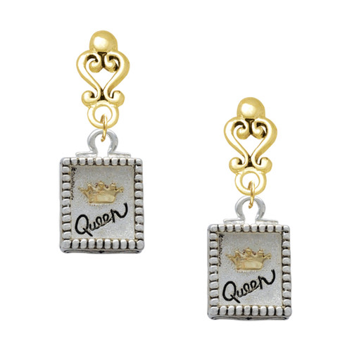 Two-tone Shadow Box ''Queen'' with Gold-tone Crown - Gold tone Filigree Heart Post Earrings