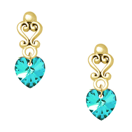 10mm Teal Crystal Heart - Gold tone Filigree Heart Post Earrings