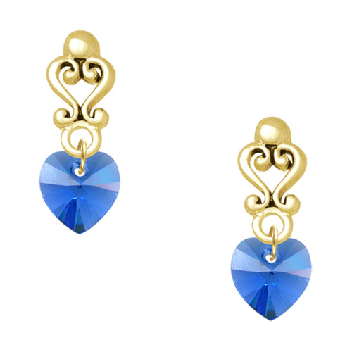 10mm Blue Crystal Heart - Gold tone Filigree Heart Post Earrings