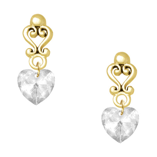 10mm Clear Crystal Heart - Gold tone Filigree Heart Post Earrings
