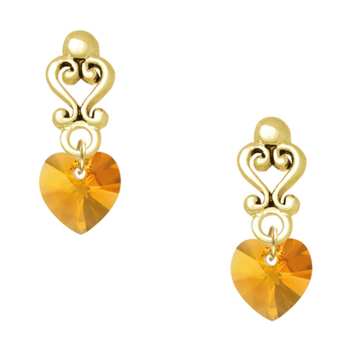 10mm Yellow Crystal Heart - Gold tone Filigree Heart Post Earrings