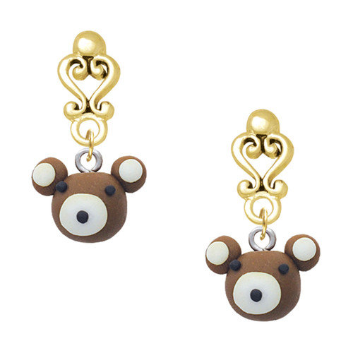 Fimo Clay Teddy Bear - Gold tone Filigree Heart Post Earrings