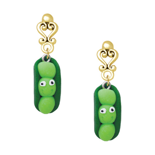 Fimo Clay Three Peas in a Pod - Gold tone Filigree Heart Post Earrings