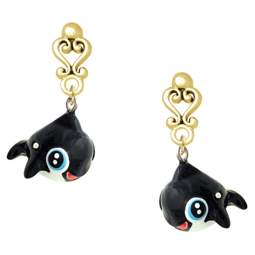 Resin Killer Whale - Gold tone Filigree Heart Post Earrings