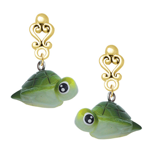 Resin Sea Turtle - Gold tone Filigree Heart Post Earrings