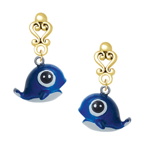 Resin Cute Blue Whale - Gold tone Filigree Heart Post Earrings