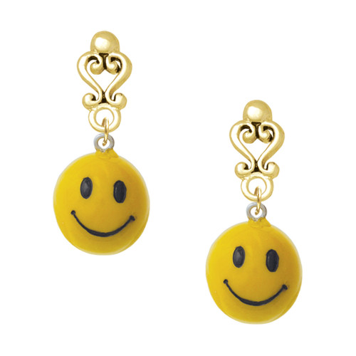 Resin Large 3-D Happy Face - Gold tone Filigree Heart Post Earrings