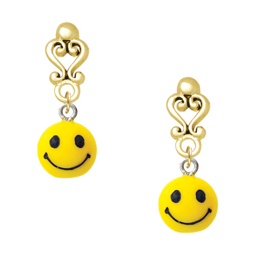 Resin Small 3-D Happy Face - Gold tone Filigree Heart Post Earrings
