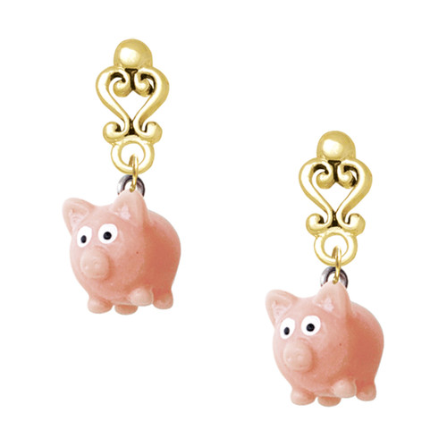 Resin Pink Pig - Gold tone Filigree Heart Post Earrings