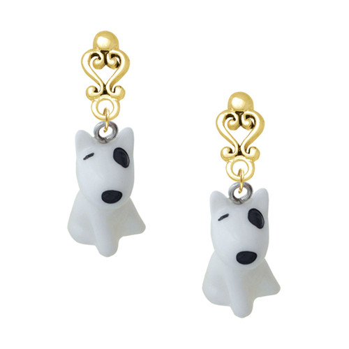 Resin White Bull Terrier Dog - Gold tone Filigree Heart Post Earrings