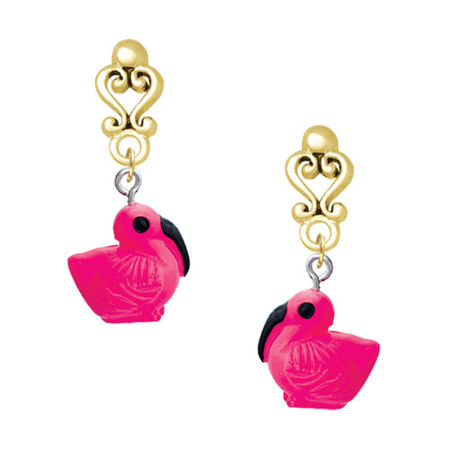 Resin Hot Pink Flamingo - Gold tone Filigree Heart Post Earrings