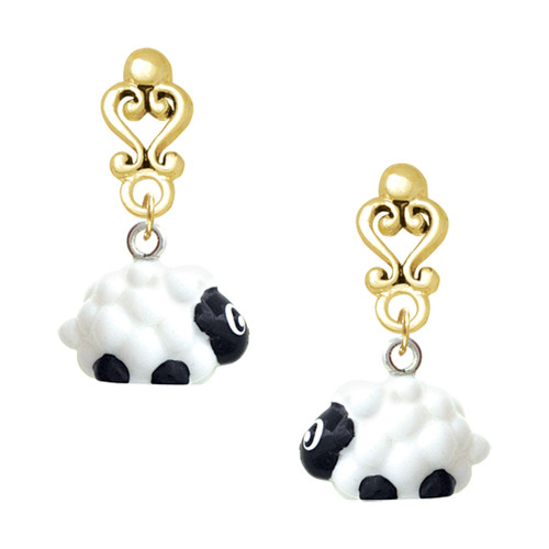 Resin White Lamb - Gold tone Filigree Heart Post Earrings