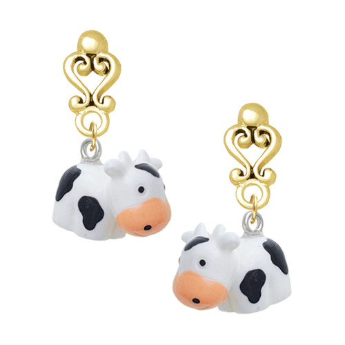 Resin Black and White Cow - Gold tone Filigree Heart Post Earrings