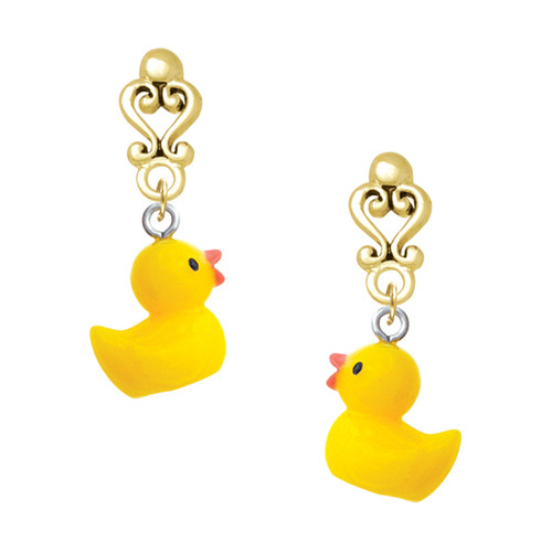 Resin Yellow Ducky - Gold tone Filigree Heart Post Earrings