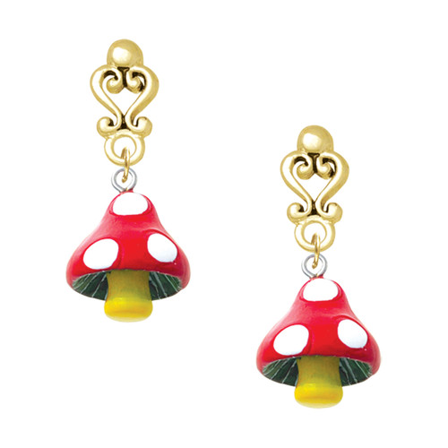 Resin Red Spotted Mushroom - Gold tone Filigree Heart Post Earrings