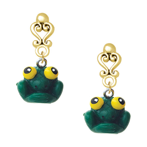 Resin Big Eyed Frog - Gold tone Filigree Heart Post Earrings
