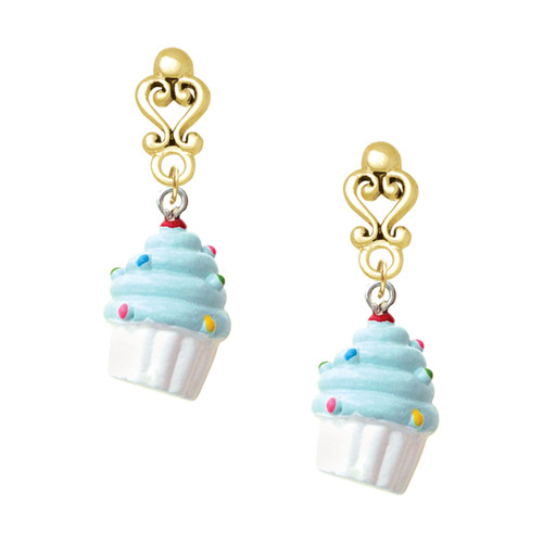 Resin White Cupcake with Blue Frosting - Gold tone Filigree Heart Post Earrings