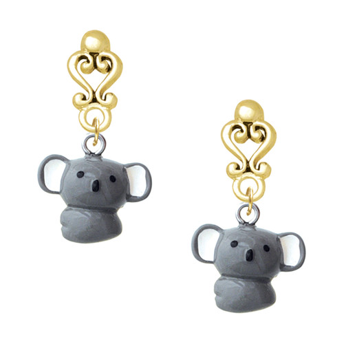 Resin Koala Bear - Gold tone Filigree Heart Post Earrings