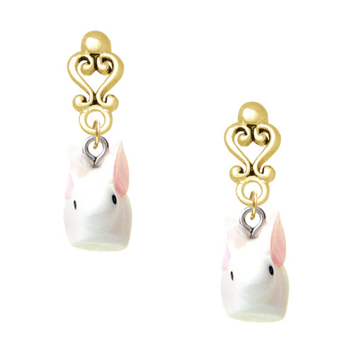 Resin White Big Ear Bunny - Gold tone Filigree Heart Post Earrings