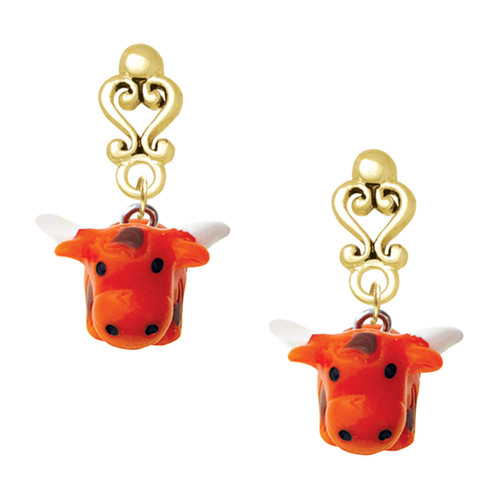 Resin Longhorn - Gold tone Filigree Heart Post Earrings