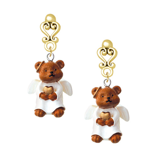 Resin Angel Bear - Gold tone Filigree Heart Post Earrings