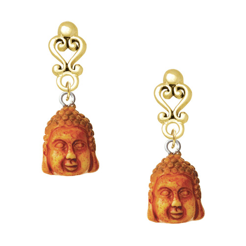Resin Buddha Head - Gold tone Filigree Heart Post Earrings