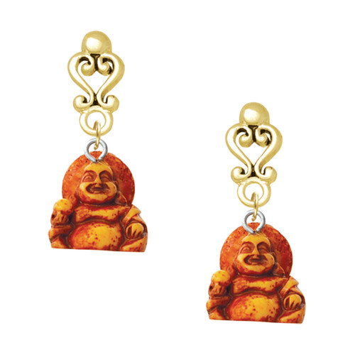 Resin Laughing Buddha - Gold tone Filigree Heart Post Earrings