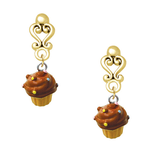 Resin Mini Vanilla Cupcake with Chocolate Frosting - Gold tone Filigree Heart Post Earrings