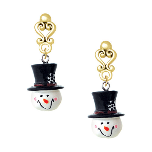 Resin Snowman Head with Top Hat - Gold tone Filigree Heart Post Earrings