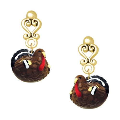 Resin Turkey - Gold tone Filigree Heart Post Earrings