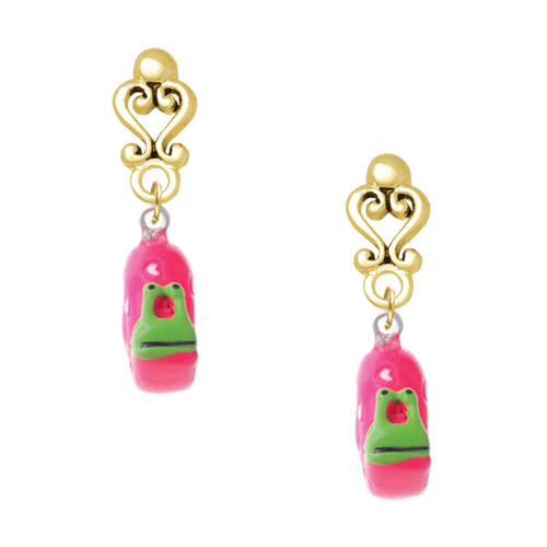 Resin Hot Pink Love Snail - Gold tone Filigree Heart Post Earrings