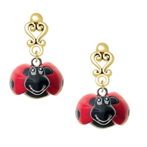 Resin Red & Black Ladybug Sweetie - Gold tone Filigree Heart Post Earrings