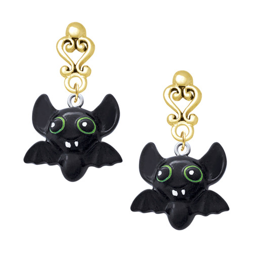 Resin Bat Buddy - Gold tone Filigree Heart Post Earrings